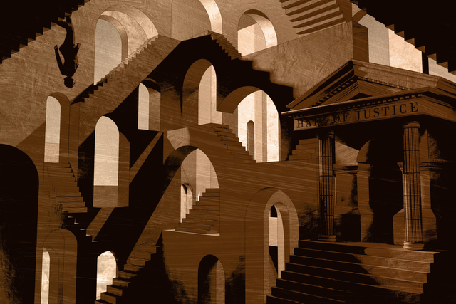 A complex maze of staircases and arches creates impossible perspectives around a building labeled “Hall of Justice.” A solitary figure casts a shadow upside down.